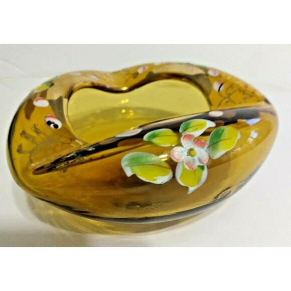 Vintage Bohemian Czech Glass Hand Blown/Painted Amber Gold Gild Dish/Ashtray - Picture 3 of 10